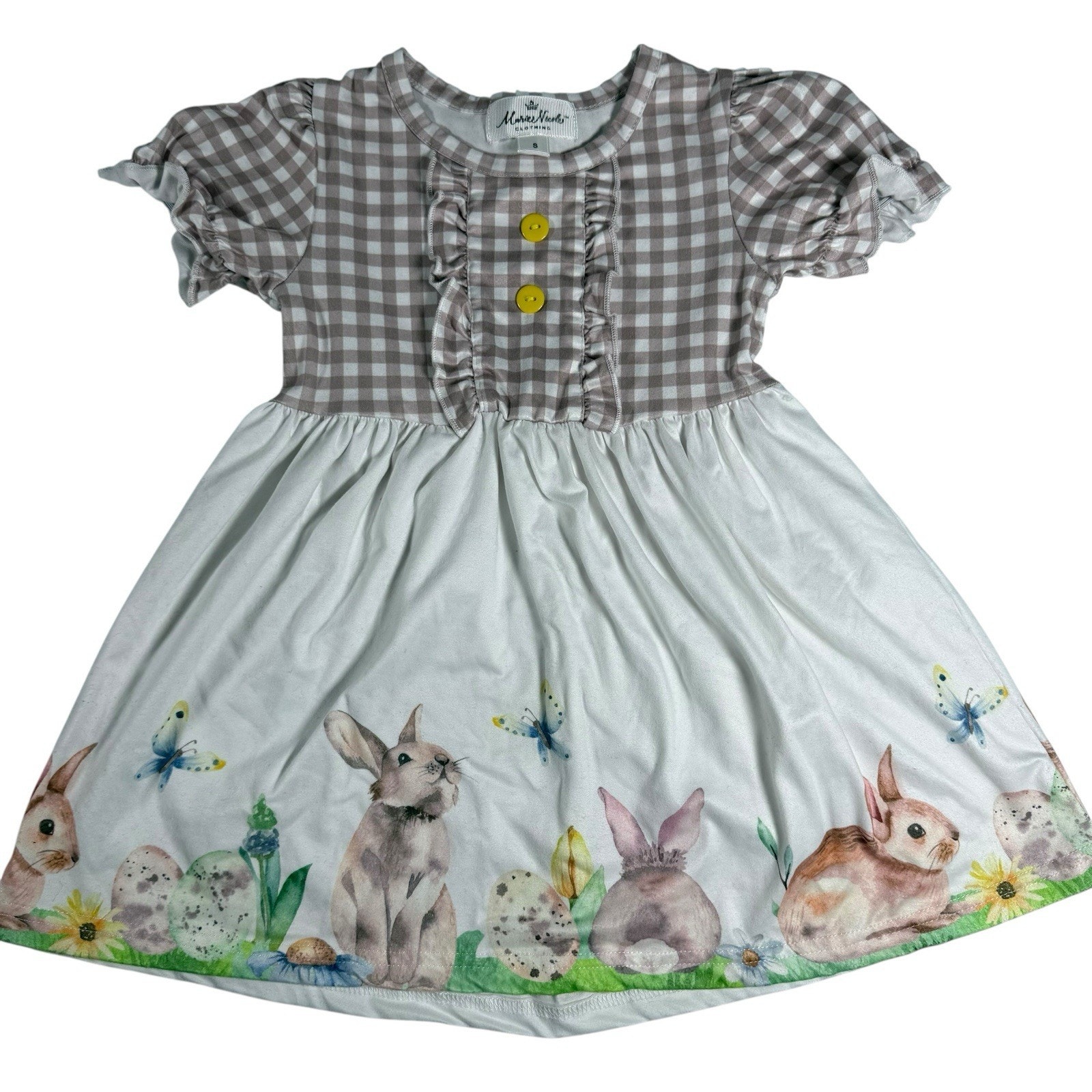 Marie Nicole Girls Easter Bunny Dress Ruffle Sleeve Gingham Size S Euc